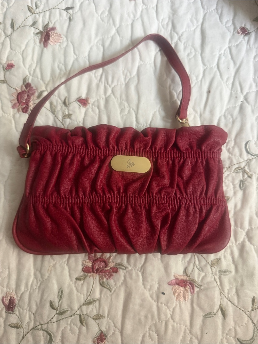 Red Ruched Leather Shoulder Bag - Unknown Brand